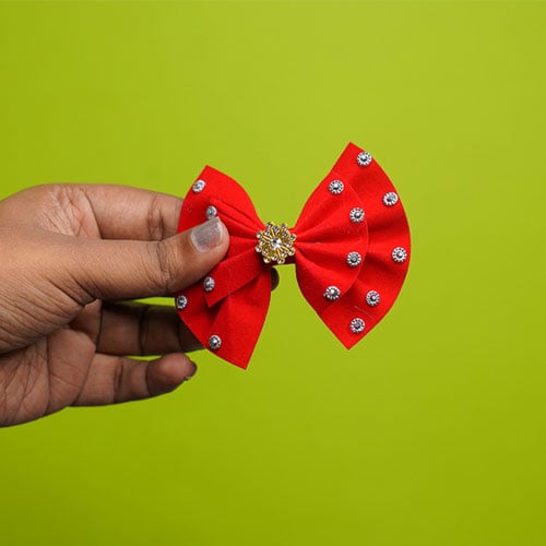 Velvet Bow Shape Hair Clip With Stone - Red