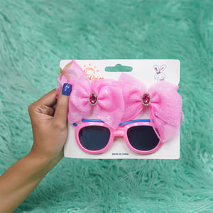 Fancy Sunglass & Bow With Stone Hair Clip Combo - Baby Pink
