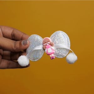 Shiny Bow Shape Pompom Hair Clip - White