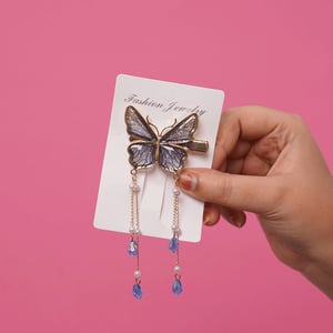 Premium Butterfly Hair Clip With Pearl & Chain - Bluish