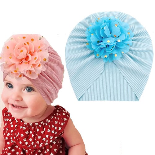 Baby Turban Cap Bronzing Flower - Sky Blue