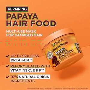 Garnier Ultimate Blends Repairing Papaya Hair Food + Vitamins C, E, F Multi-Use Hair Mask For Damaged Hair 400ml •