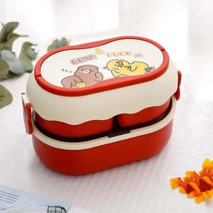 Bear & Duck Double-Layer Lunch Box With Handle - Red