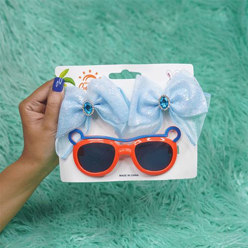 Fancy Sunglass & Bow With Stone Hair Clip Combo - Orange & Sky Blue