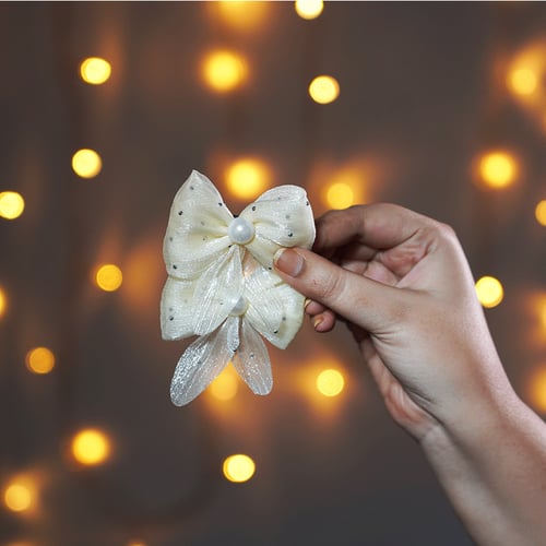Cute Bow & Pearl Hair Clip 1pc - Light Yellow