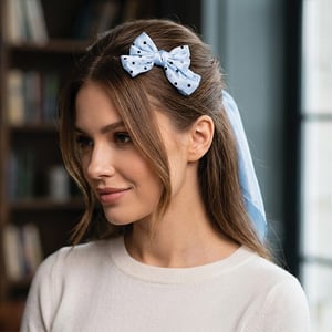 Polka Dot Net Bow Hair Clip - Baby Blue