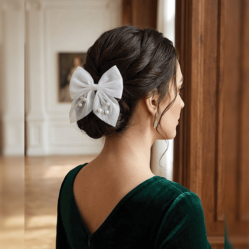Mini Stripe Bow Hair Clip With Pearls - White