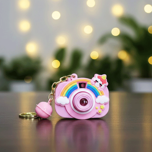 Cute Camera Keychain With Rattle - Pink