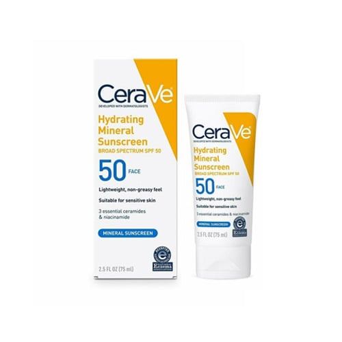 CeraVe Hydrating Mineral Face Sunscreen 75ml - SPF50 •