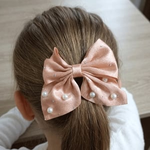 Short Bow Silk Hair Clip With Pearls And Stone - Fuzz Pink