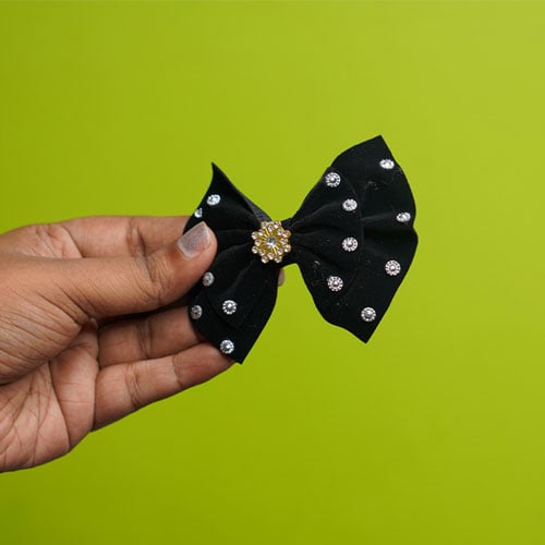 Velvet Bow Shape Hair Clip With Stone - Black