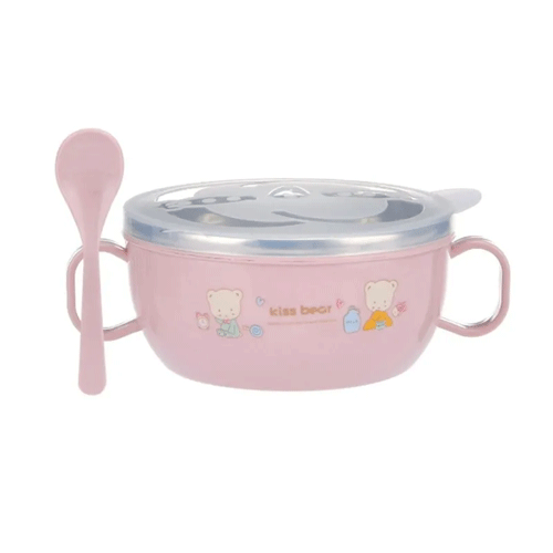 Kiss Bear Stainless Steel Insulated Baby Feeding Bowl Set - Pink
