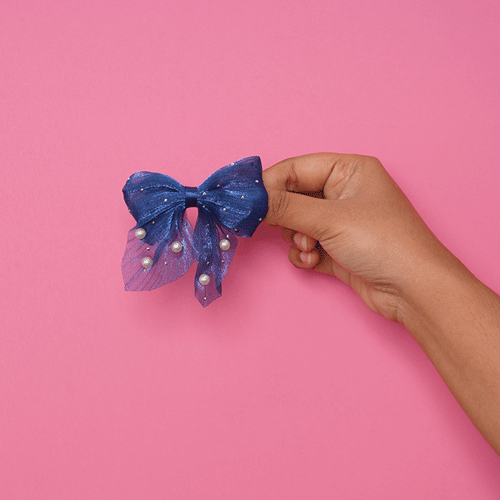 Short Bow Hair Clip With Pearls & Stone - Blue