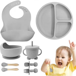 Silicone Feeding Accessories 8pcs Set for Babies - Gray