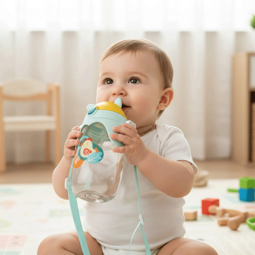 Premium Kids Water Bottle Strap & Straw 460ml - Bird