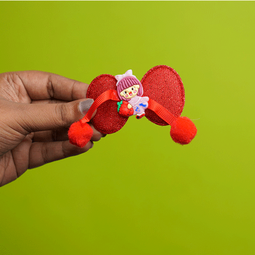 Shiny Stone Finish Bow Shape Pompom Hair Clip - Red