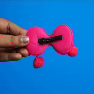 Shiny  Stone Finish Bow Shape Pompom Hair Clip - Hot Pink