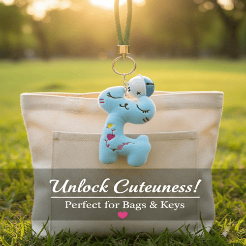 Soft Sleeping Cat With Rattle Ball Key Ring - Sky Blue