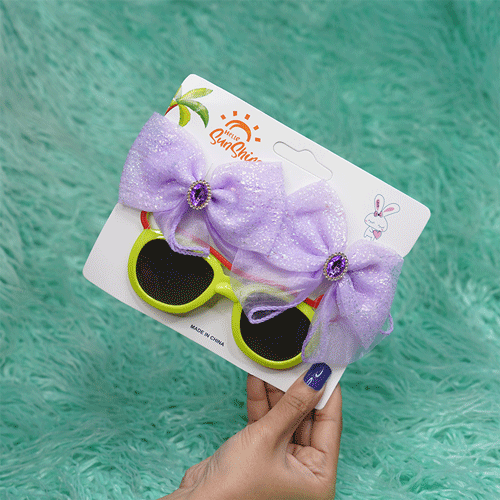 Fancy Sunglass & Bow With Stone Hair Clip Combo - Bright Green & Purple