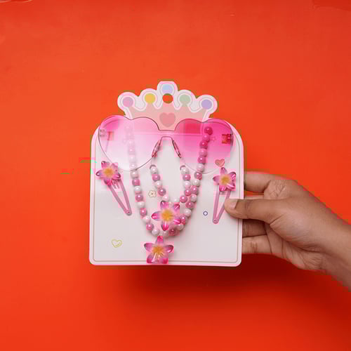 Colorful Heart Shaped Baby Sunglass with Pearl Necklace & 1Pair Hairclip - Red Pink Gradient