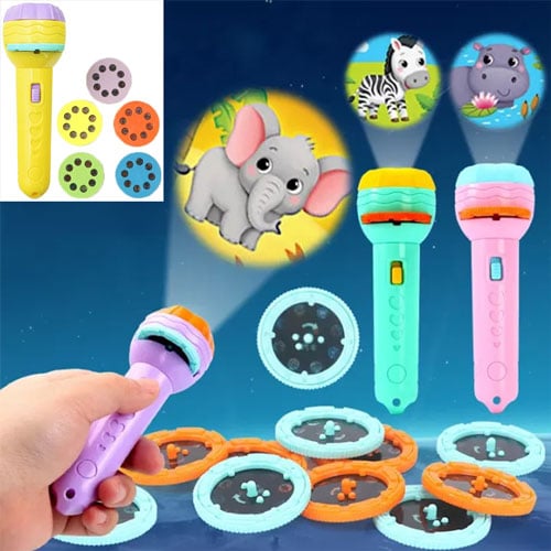 Educational Mini Flashlight Projector With 40 Pattern 5 Slides For Kids - Yellow