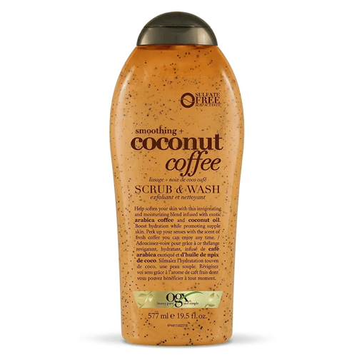 OGX Smooth + Coconut Coffee Scrub And Wash 577ml •