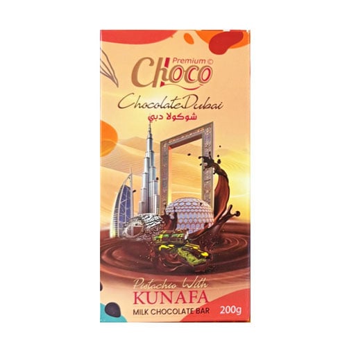Choco Premium Chocolate Dubai Pistachio With Kunafa Milk Chocolate Bar 200g  •