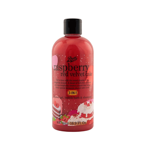 Boots Raspberry Red Velvet Cake 3-in-1 Shower Gel, Bubble Bath & Shampoo 500ml •