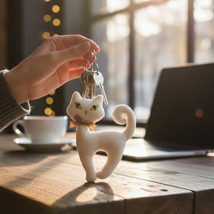 Fancy Cat With Rattle Ball Key Ring - White