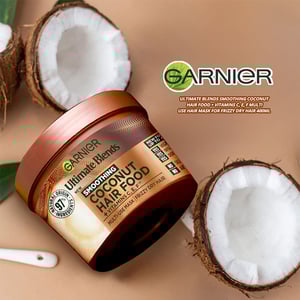 Garnier Ultimate Blends Smoothing Coconut Hair Food + Vitamins C, E, F Multi-Use Hair Mask For Frizzy Dry Hair 400ml •
