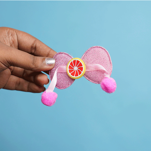 Shiny Stone Finish Bow Shape Pompom Hair Clip - Light Pink