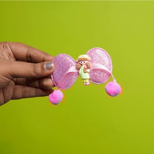 Shiny  Bow Shape Pompom Hair Clip - Light Pink