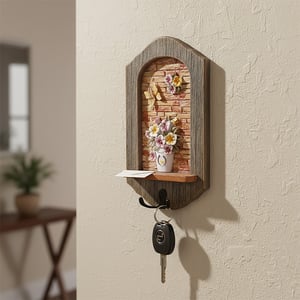 Handcrafted Arched Floral Wall Organizer with Integrated Key Hooks •