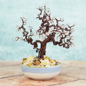 Copper Wire Vintage Bonsai Tree Sculpture With Pearls - White