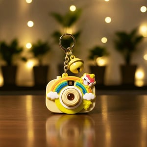Cute Camera Keychain With Rattle - Yellow
