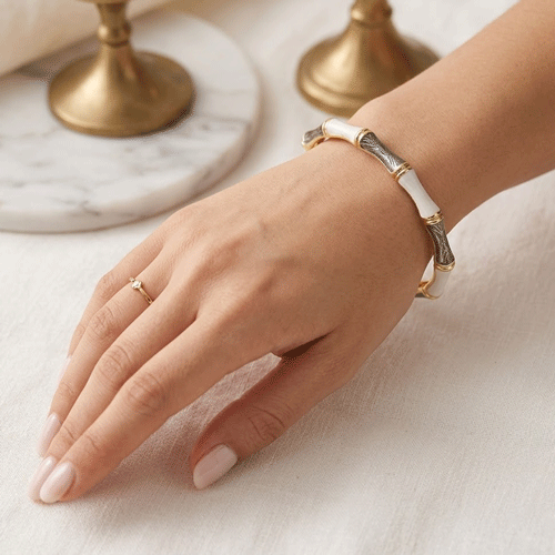 Enamel Bamboo Design Bangle Bracelet - White And Black