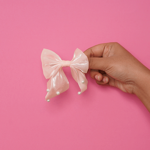 Short Bow Hair Clip With Pearls - Peach Pink