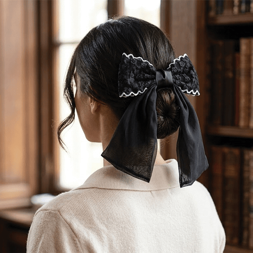 Layered Grosgrain Fabric Bow Hair Clip - Net Black