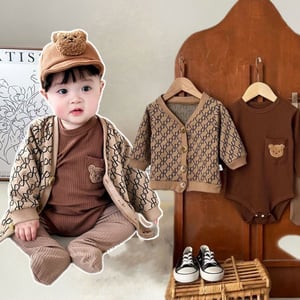Korean Style Baby Cotton Romper Three Piece Set Size 90 - Brown