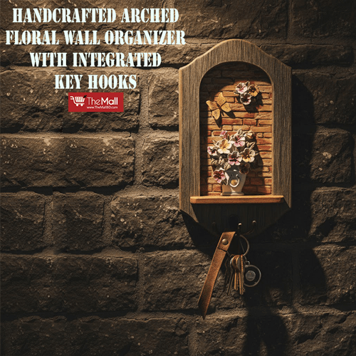 Handcrafted Arched Floral Wall Organizer with Integrated Key Hooks •