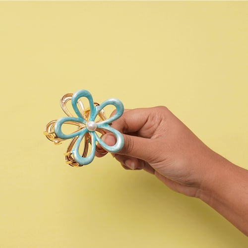 Flower Shape With Pearl Metal Clip - Teal Green