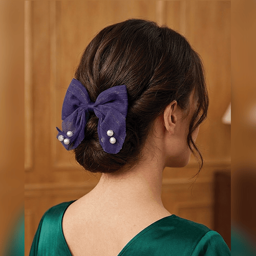 Mini Stripe Bow Hair Clip With Pearls - Blue
