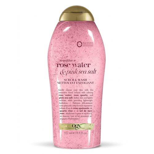 OGX Sensitive + Rose Water & Pink Sea Salt Scrub And Wash 577ml •