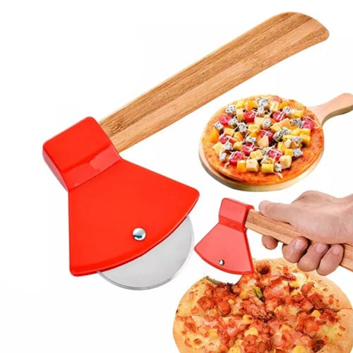 Axe Shape Pizza Cutter With Bamboo Handle - Red