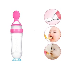 Silicone Feeding Bottle With Spoon - Pink