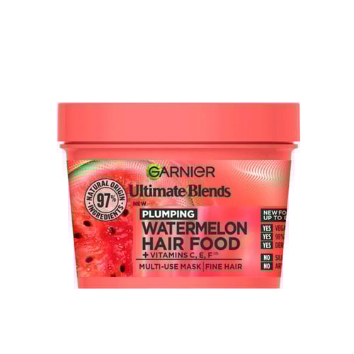 Garnier Ultimate Blends Plumping Hair Food Watermelon & Pomegranate 3-In-1 Hair Mask For Fine Hair 400ml •
