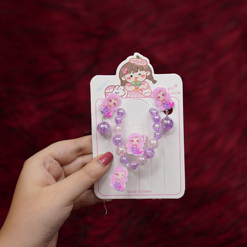 Pearl Bracelet Earring & Finger Ring Set - Purple