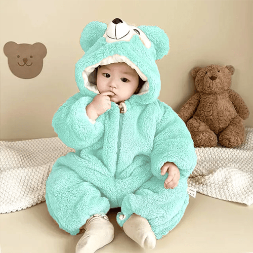 Winter Teddy Romper For Baby - Light Cyan Small