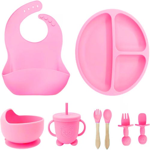 Silicone Feeding Accessories 8pcs Set for Babies - Pink