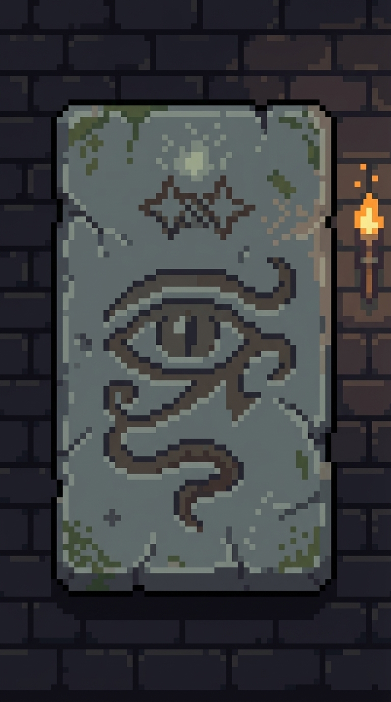 Worn stone tablet with eye symbol and serpent motif; torch on dungeon wall.